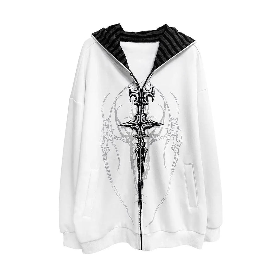 Oversized unisexhoodie met rits en capuchon, met gothic-print