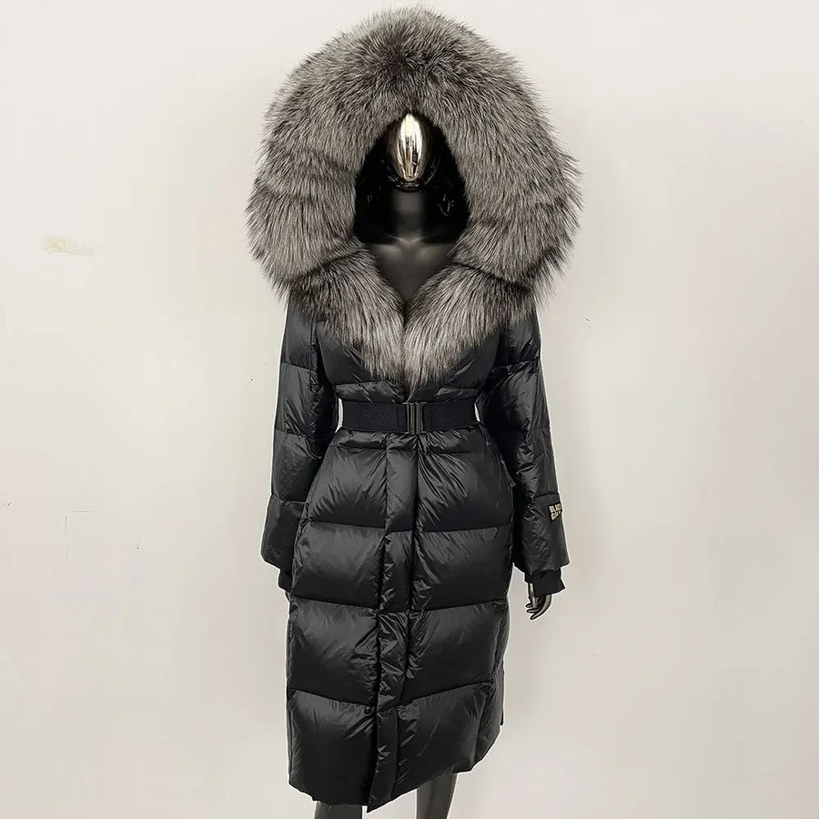 Damen Winter Steppmantel mit Kapuze und Fellkragen Schwarz Grau