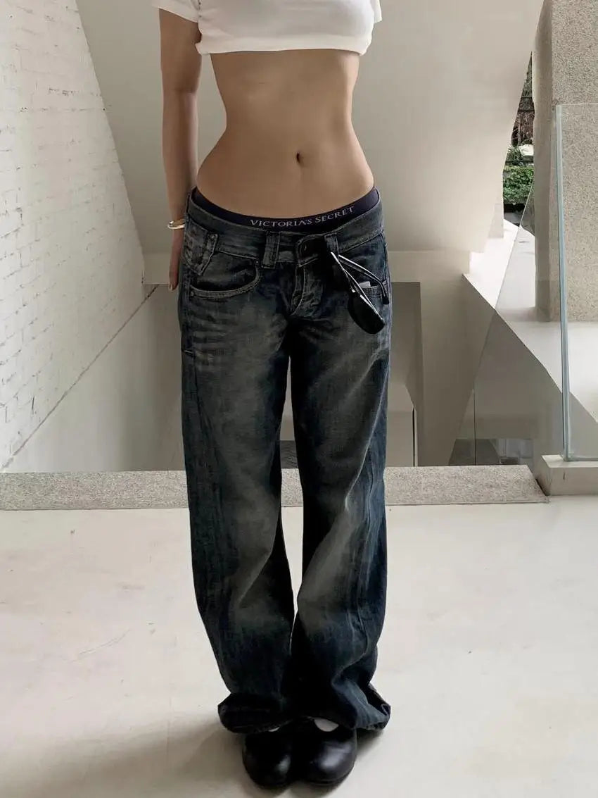 Baggy jeans voor dames met wijde pijpen, donkere wassing