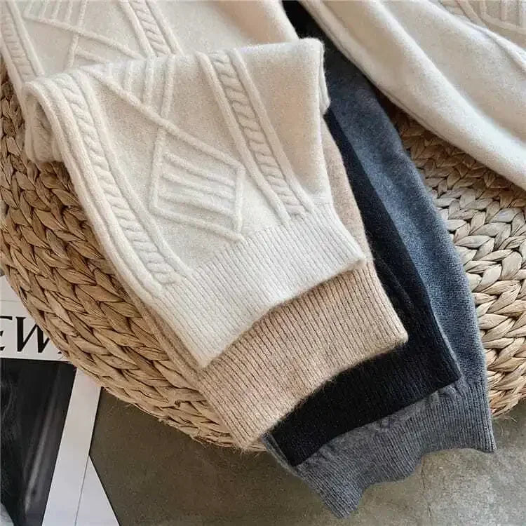 Damesgebreide broek met kabelpatroon, joggingbroek, losse vrijetijdsbroek, beige