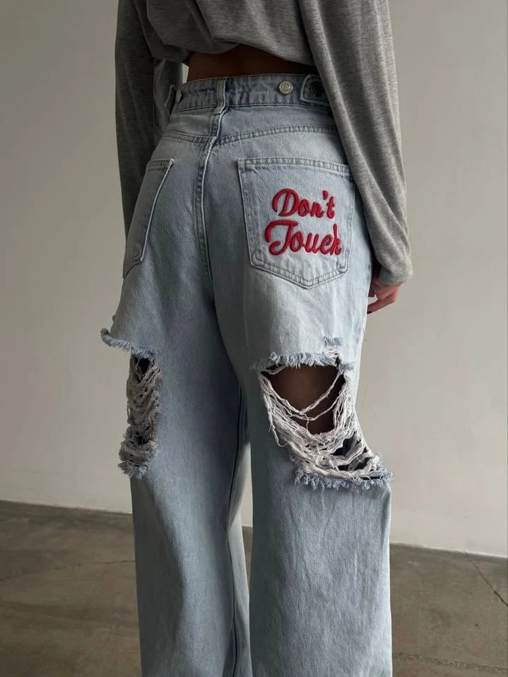 Damesjeans met wijde pijpen, hoge taille, cut-outs, stras