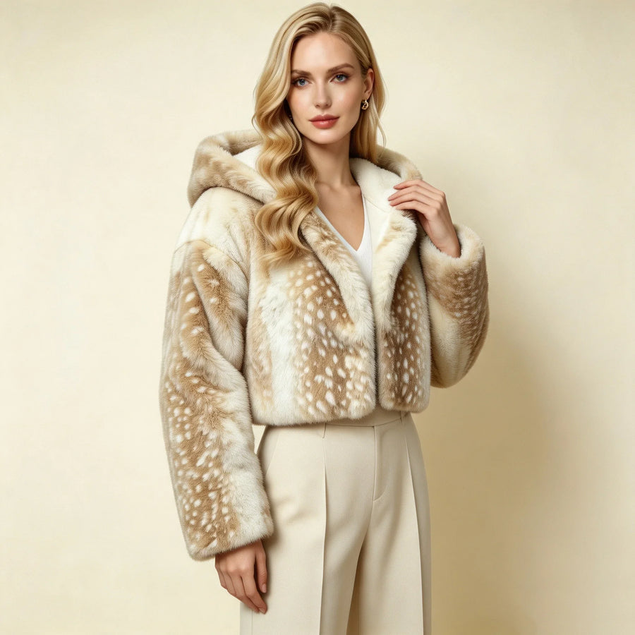 Kurze Damen Kunstfelljacke mit Kapuze, Hirschmuster, Beige