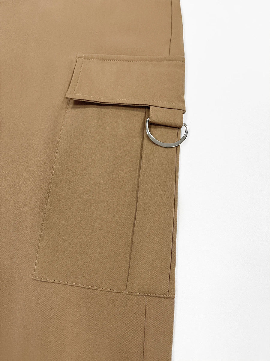 Damen Cargo Hose Weites Bein Hoher Bund Patch-Taschen