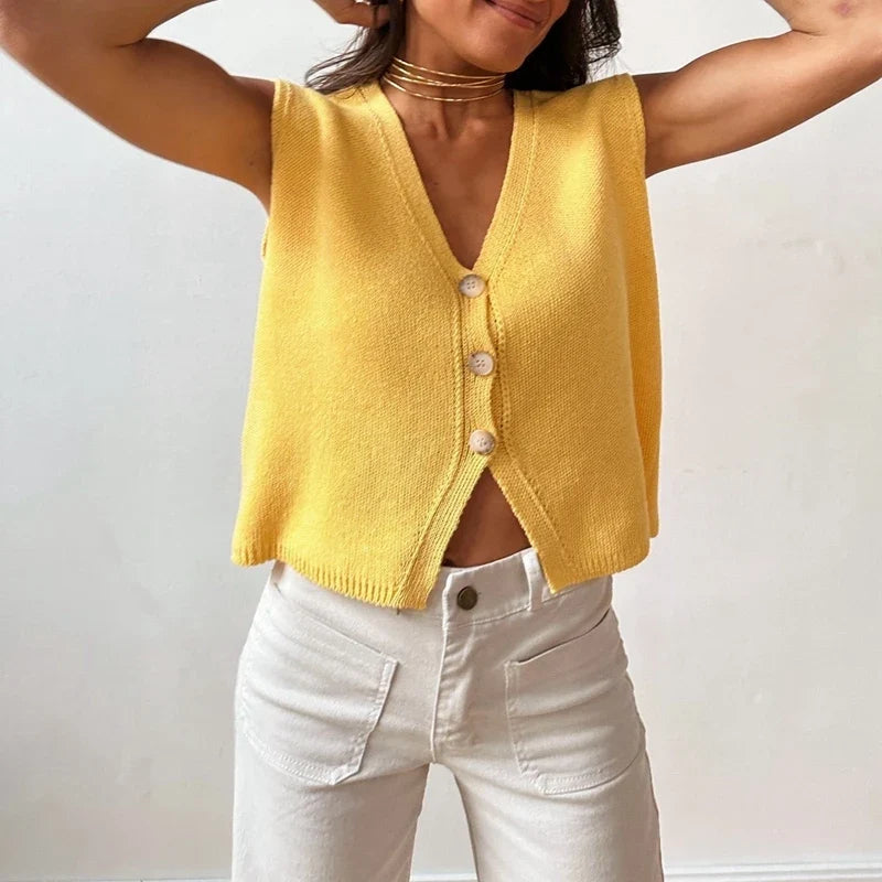 Damen Strickweste mit V-Ausschnitt und Knopfleiste