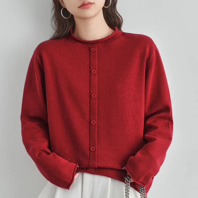Damesvest met ronde hals en knoopsluiting, fijngebreid vest