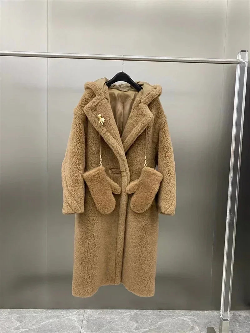 Damen Teddyfell Mantel mit Kapuze und Handschuhen, mittellang, Winter