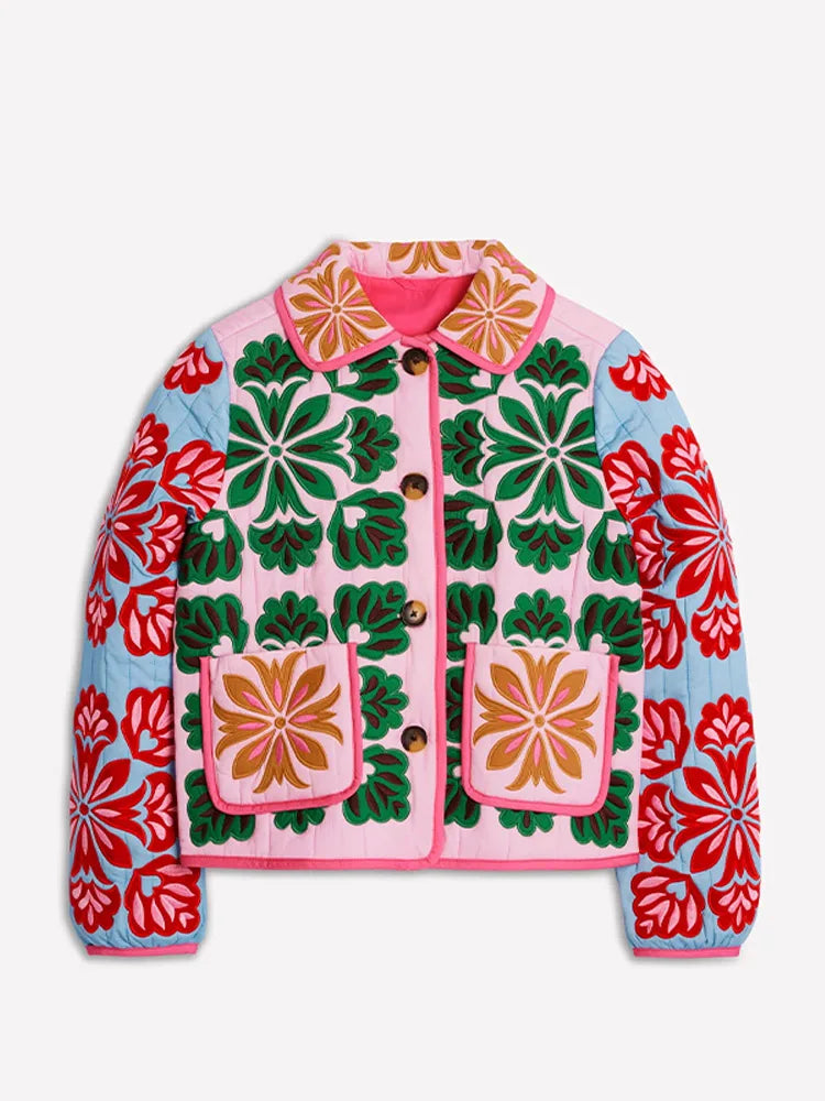 Damen Steppjacke mit Blumenmuster, Bunt, Kurz