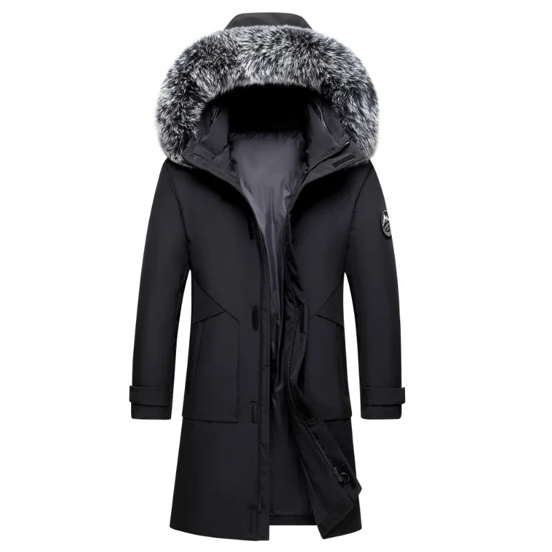 Herren Winter Parka mit Kapuze und Fellimitat-Besatz langer Schnitt