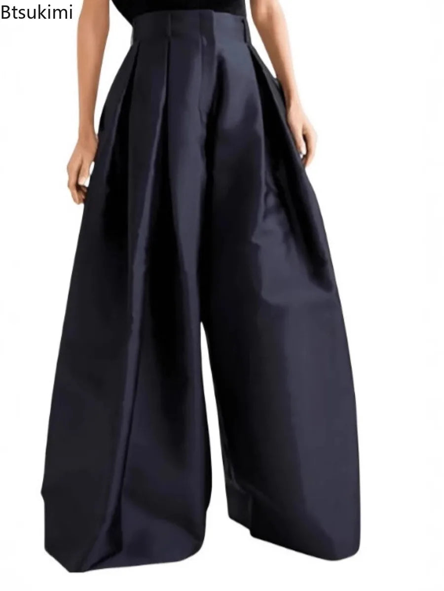 Damen Culotte Hose Weites Bein Hoher Bund Falten Uni Farbe