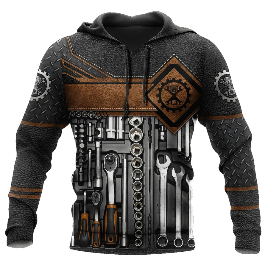Kapuzenpullover Herren Hoodie Mechaniker-Design Motor Kolben Werkzeug Schwarz Grau