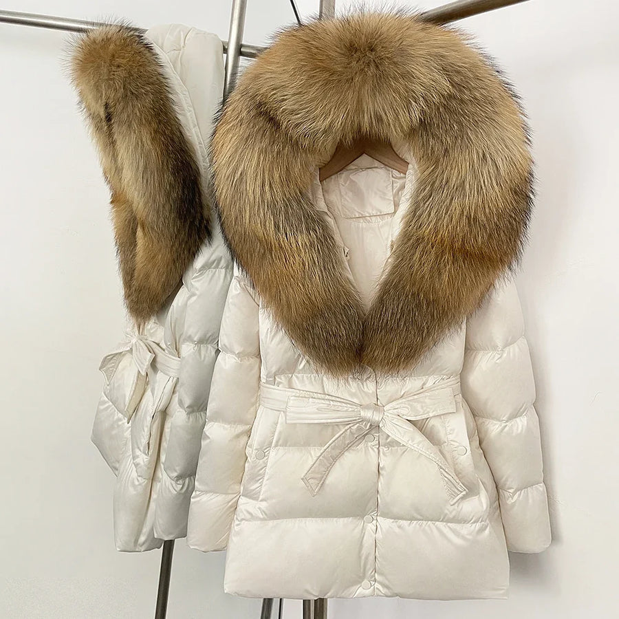 Damen Daunenjacke mit Kunstpelzkragen und Bindegürtel, warme Winterjacke