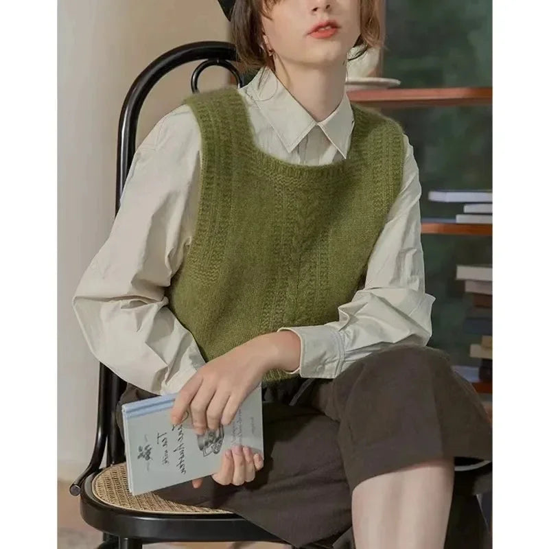 Damen Strickweste Pullover Weste Grün Strickmuster Quadratischer Ausschnitt