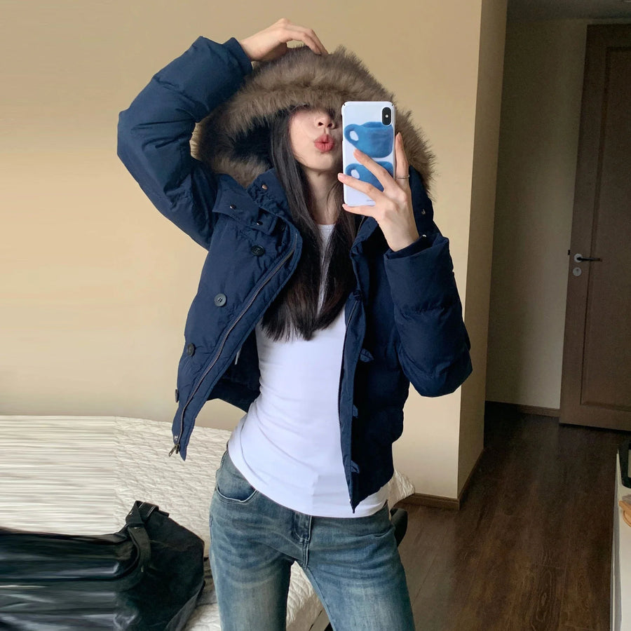 Kurze Damen Winterjacke mit Kunstpelz Kapuze Marineblau