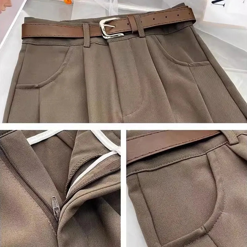 Damen Weite Hose mit Gürtel Bundfalten Elegante Freizeithose
