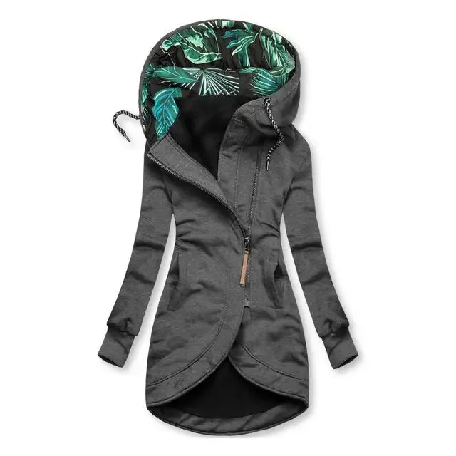 Damen Hoodie Jacke mit asymmetrichem Reißverschluss und Tropenmuster-Kapuzenfutter