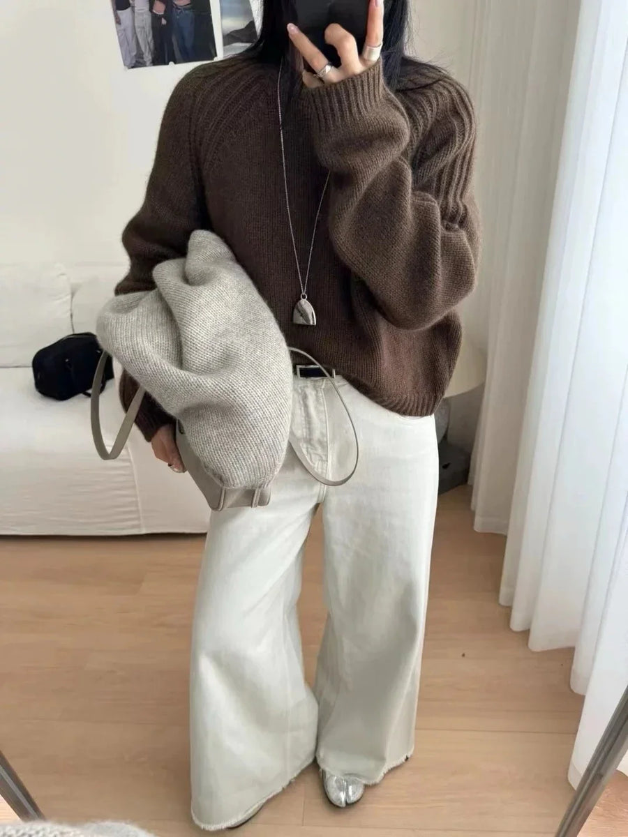 Damen Strickpullover Oversize Rundhals Gerippte Ärmel