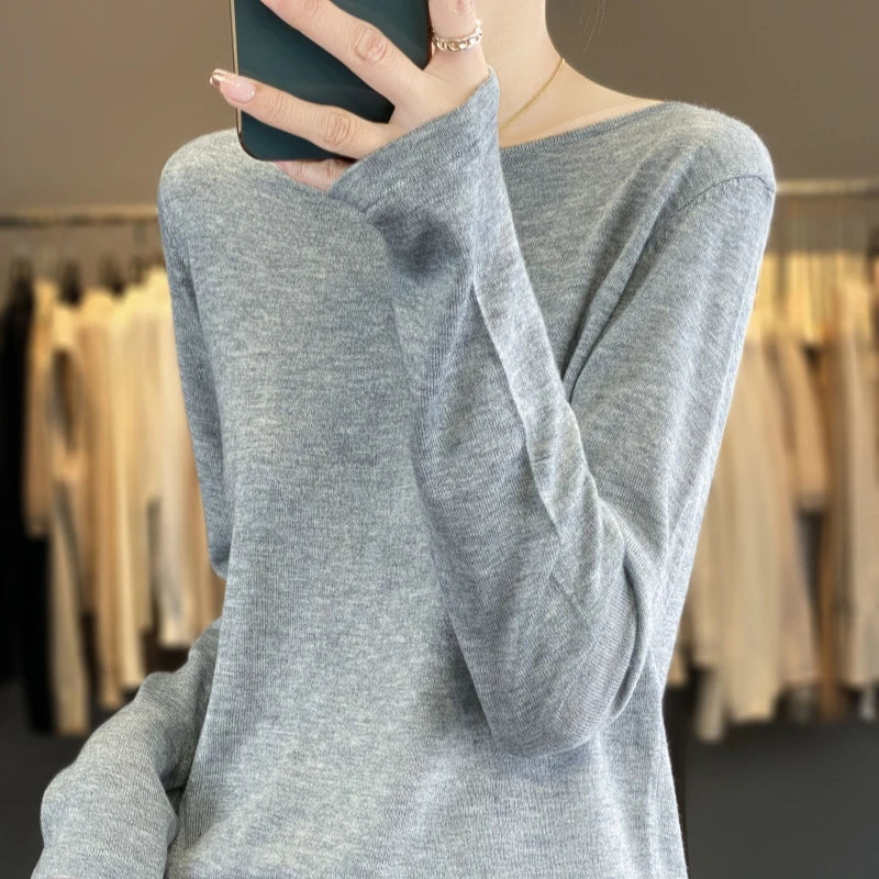 Dames shirt met lange mouwen, gebreide look en wijde halslijn