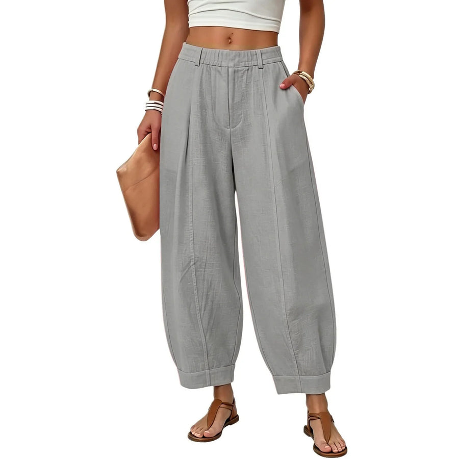 Dames linnen broek met wijde pijpen, hoge taille, elastisch, vrijetijdsbroek