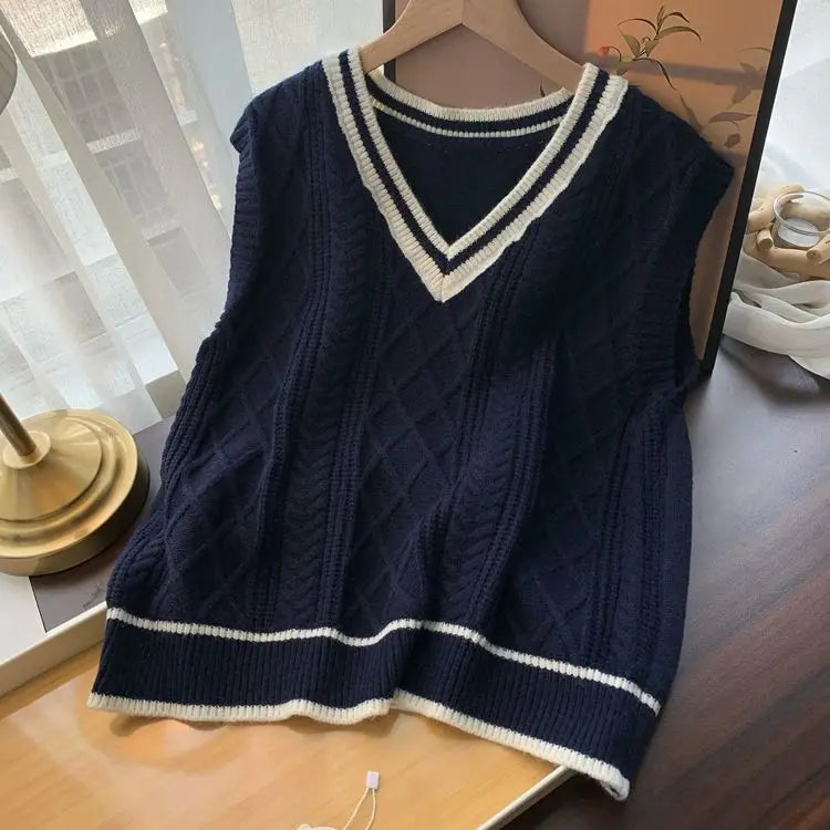 Gebreid vest met V-hals, kabelpatroon, collegestijl