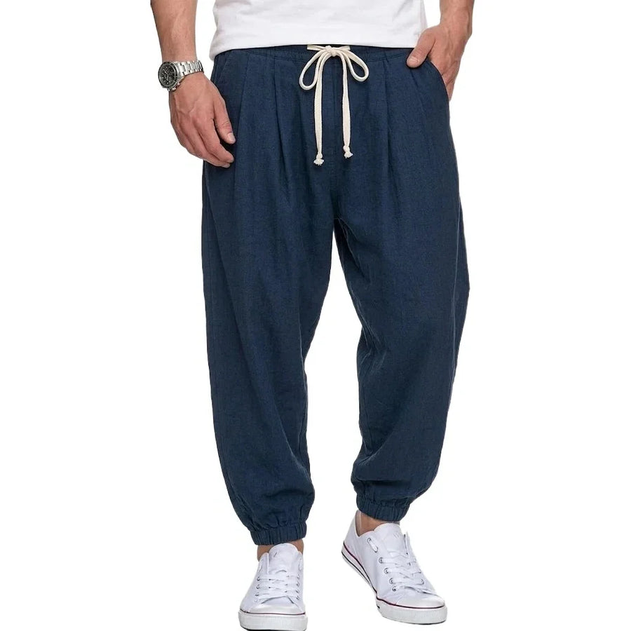 Vrijetijdsbroek voor heren in linnenlook, losse pasvorm, elastische tailleband