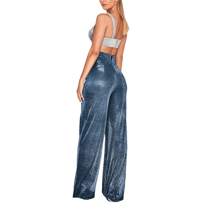 Damen Glitzer Crop Top & Weite Hose Set, Langarm, Hohe Taille