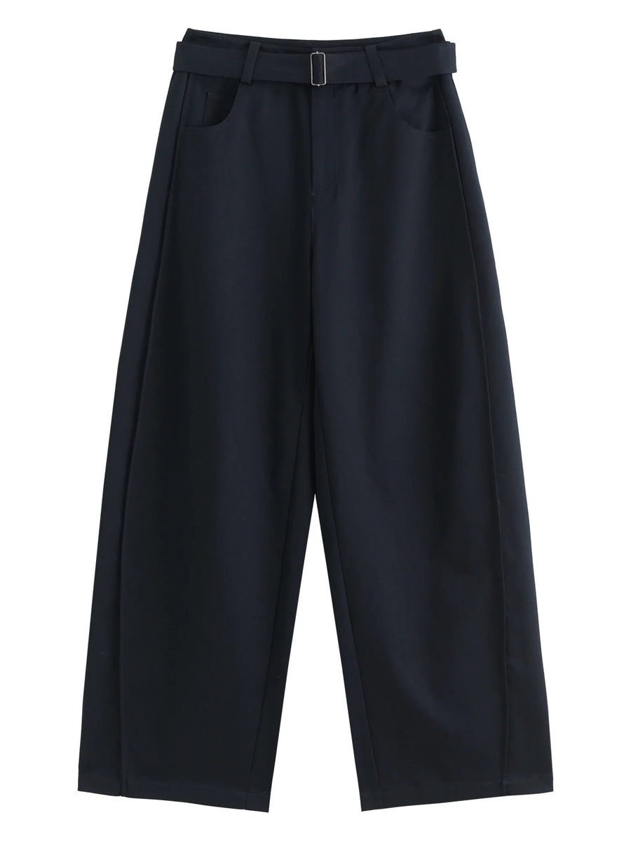 Wijde damesbroek met high waist en riem in donkerblauw