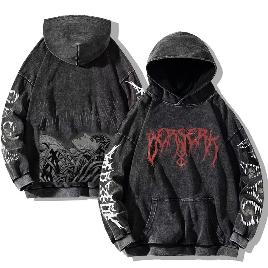 Vintage hoodie met capuchon en kangoeroezak – Berserk-print
