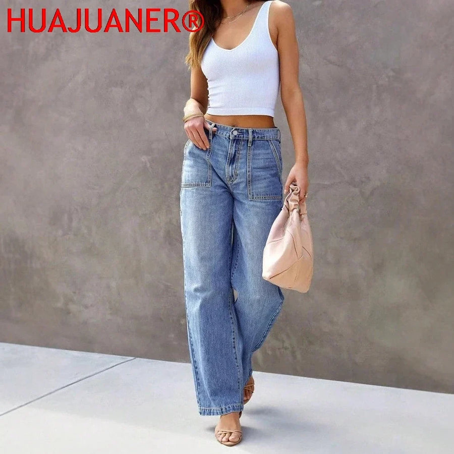 Damen Jeanshose Weites Bein Hoher Bund Hellblau mit Taschen