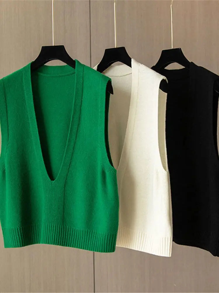 Gebreid damesvest met V-hals, mouwloos, pullovervest, ribgebreide zoom