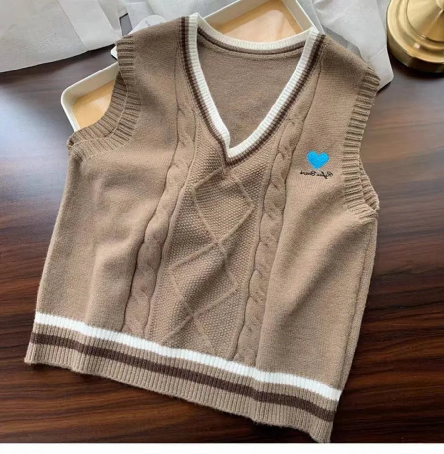 Gebreid vest met V-hals, kabelpatroon, collegestijl