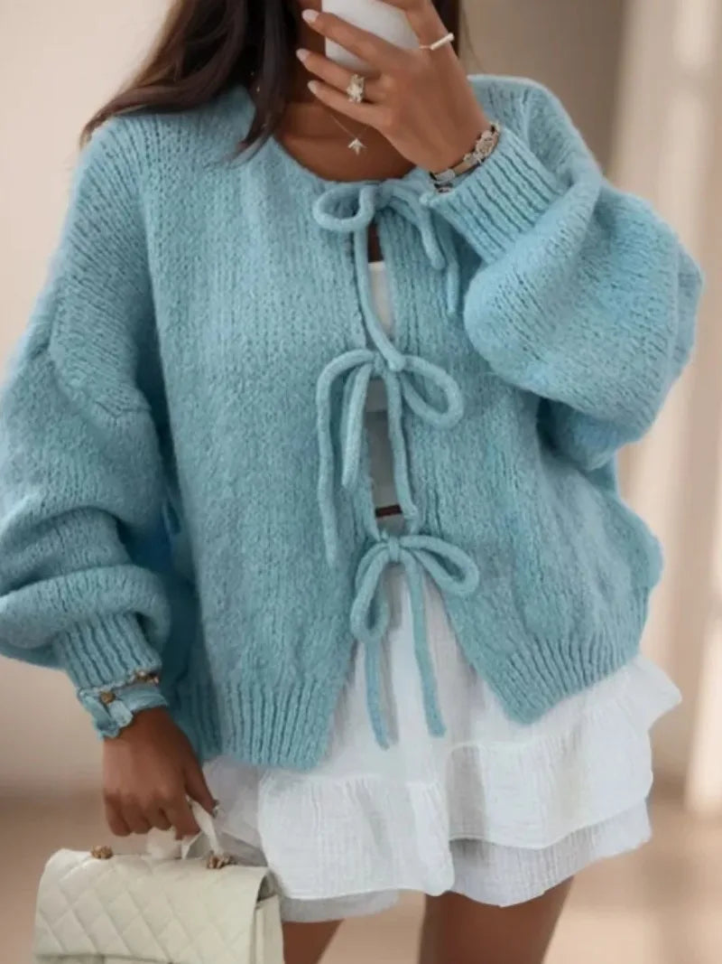 Damen Strickjacke mit Schleifendetails und Puffärmeln