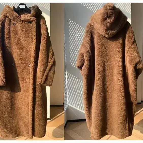 Damen Teddy Mantel mit Kapuze – Brauner Flauschiger Langer Mantel