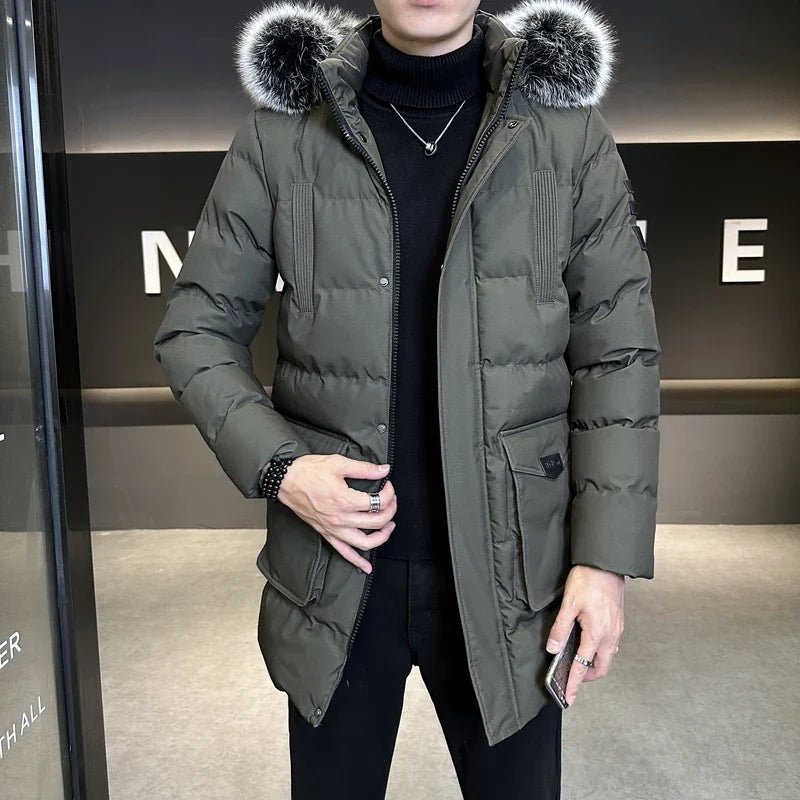 Herren Winterparka mit Kapuze und Fellimitatbesatz, gepolsterte Jacke für kalte Tage