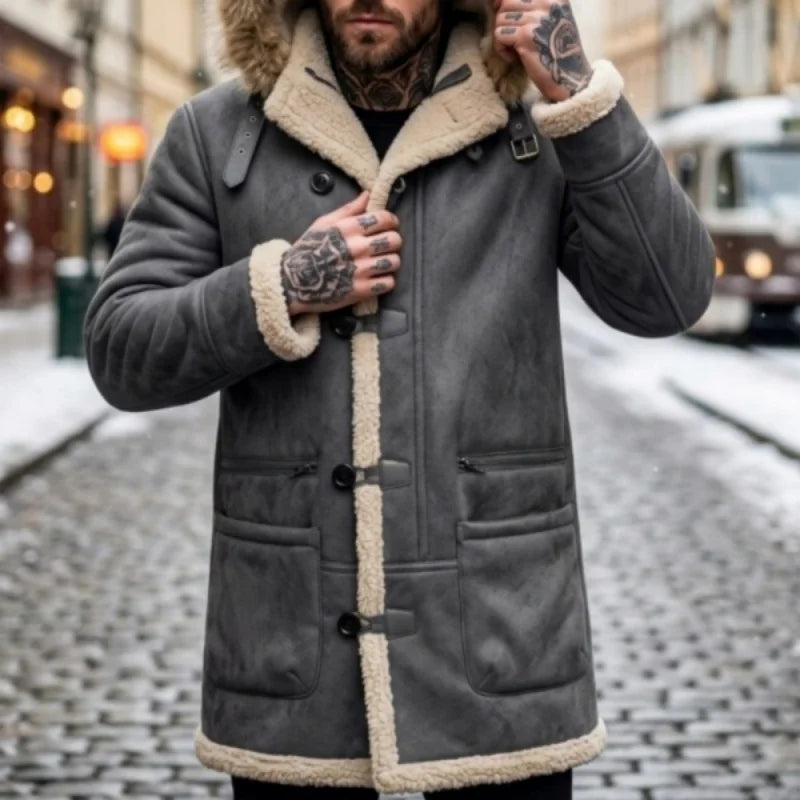 Herren Wintermantel mit Kapuze und Fellimitat-Futter