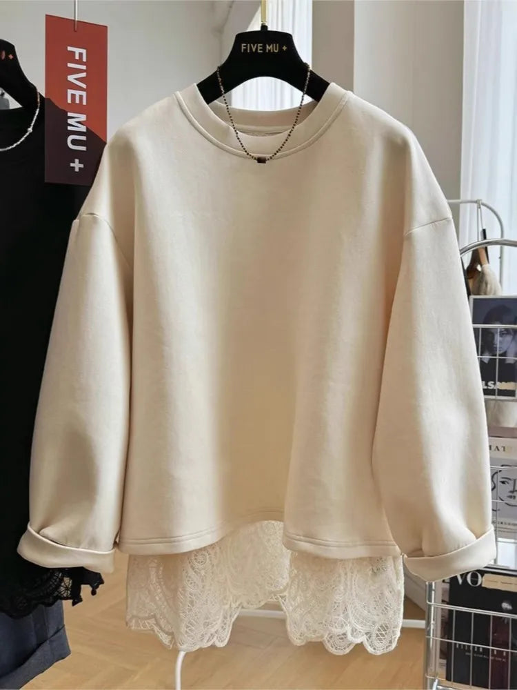 Damen Sweatshirt mit Spitze am Rücken Offen Beige