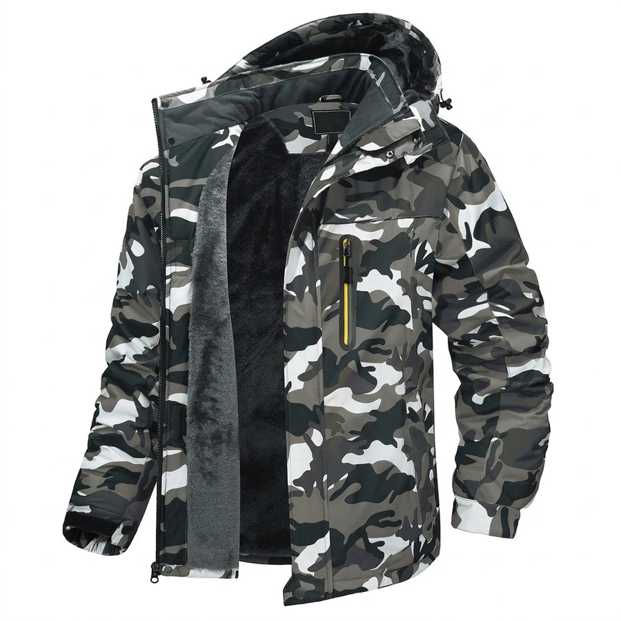Herenwinterjas met capuchon en pluche voering - warme outdoorjas met camouflagemotief