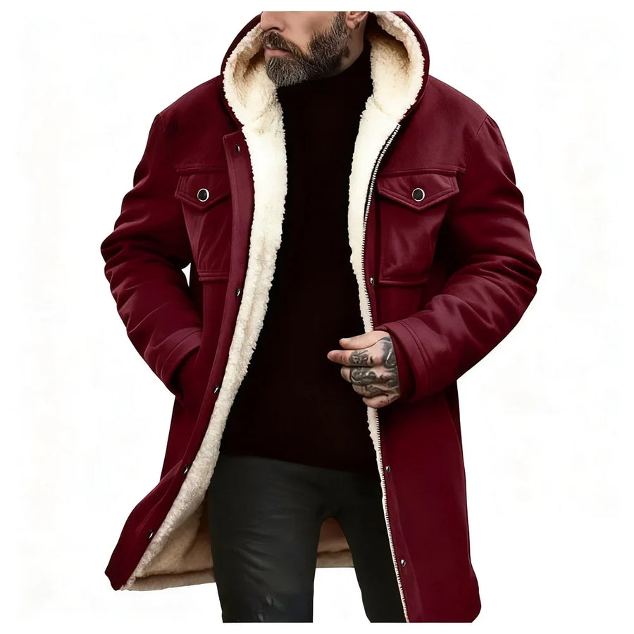 Herren Winterparka mit Kapuze und Teddyfutter, lange Übergangsjacke mit Knopfleiste
