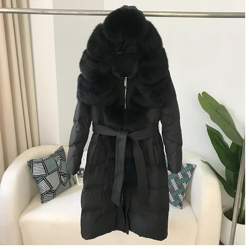 Damen Winter Steppmantel Lang mit Kapuze und Kunstpelzbesatz Gürtel