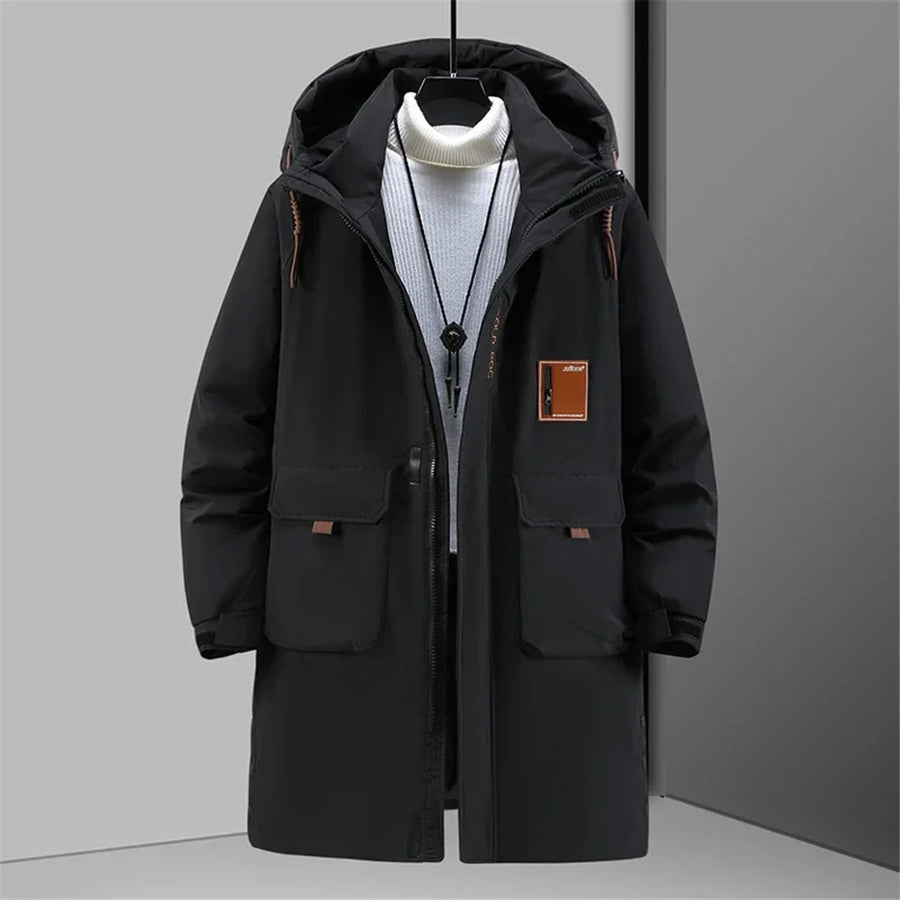 Herren Winter Parka Lang Gefüttert mit Kapuze und Taschen