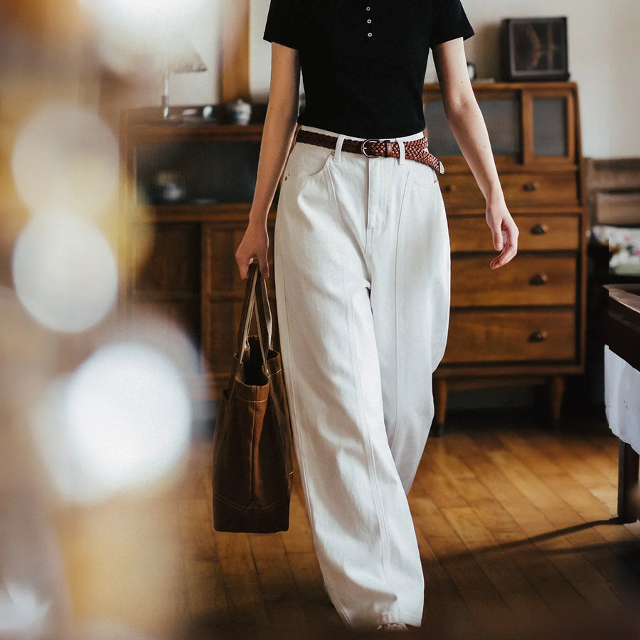 Damen Weite Hose Hohe Taille Cremeweiß Freizeit