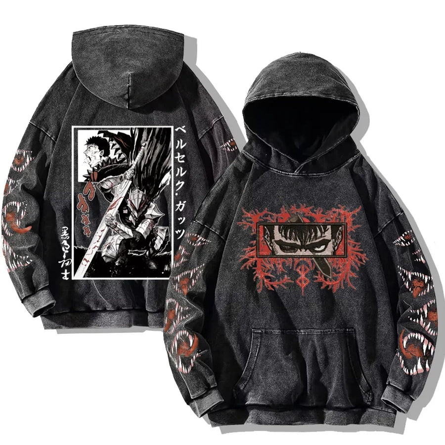 Vintage hoodie met capuchon en kangoeroezak – Berserk-print