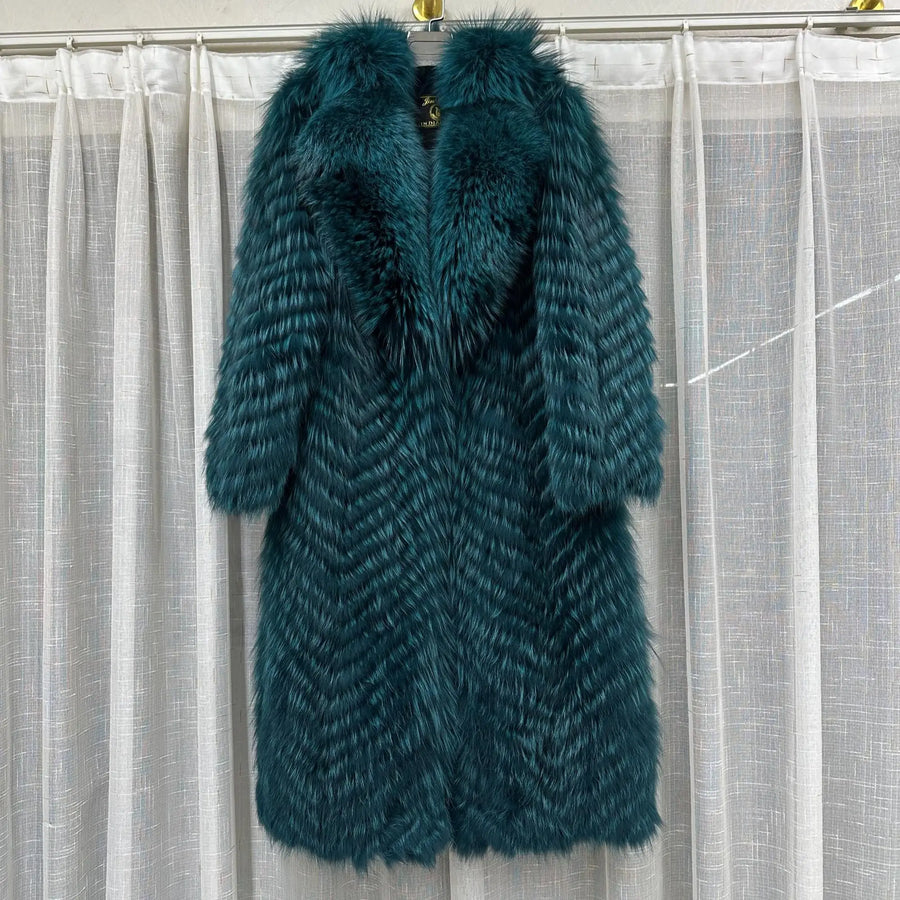 Damen Langer Mantel mit Pelz-Optik im Chevron-Muster