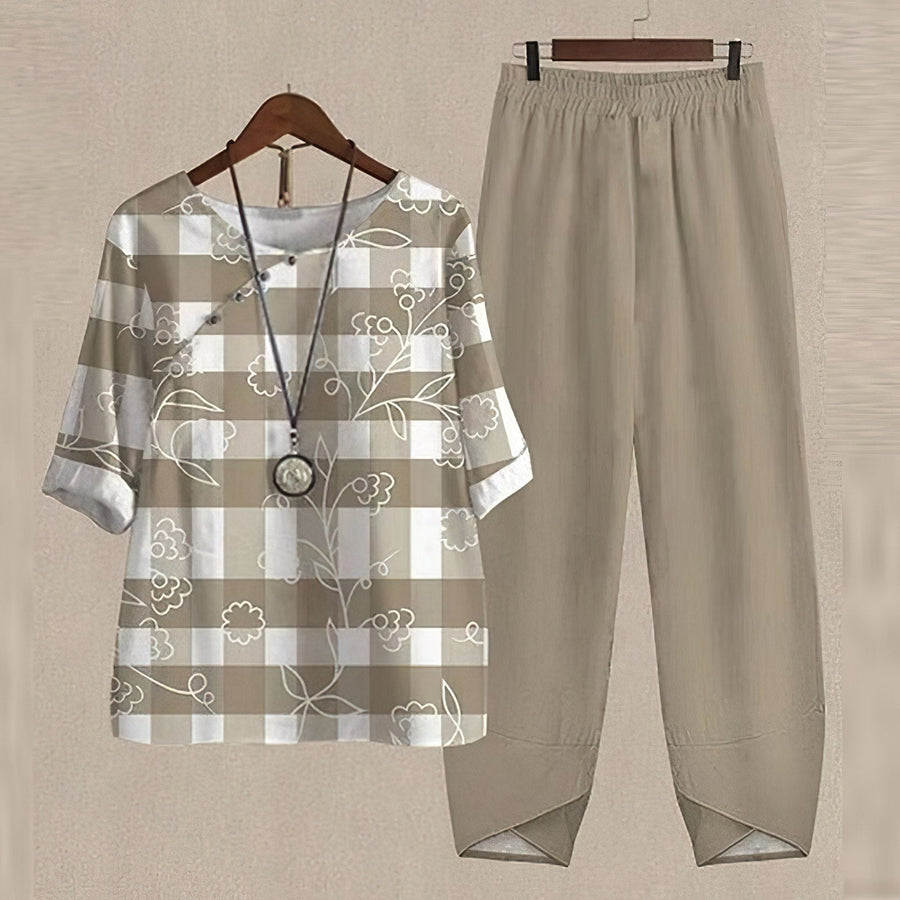 Damen 2-teiliges Set Bluse mit Print & weite Hosen