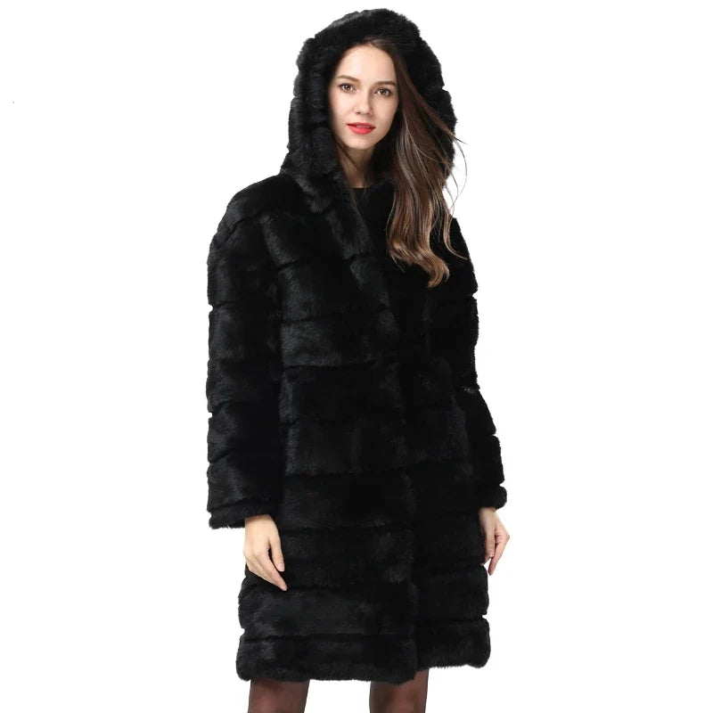 Damen Mantel Schwarz Lang Kapuze Flauschig Winterjacke