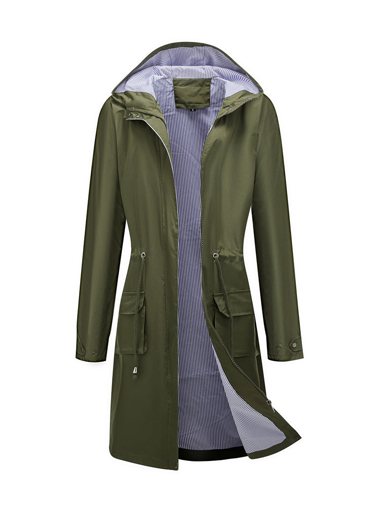 Damen Langer Regenmantel mit Kapuze Tunnelzug Freizeit Jacke