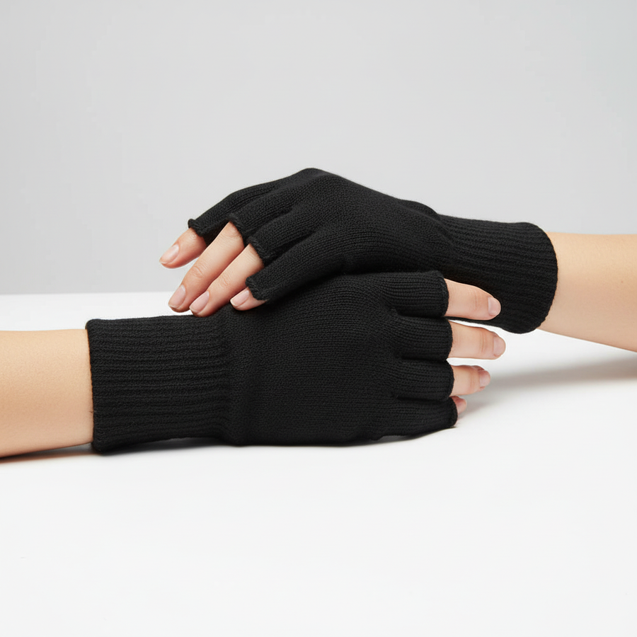 Schwarze Fingerlose Handschuhe Unisex Strick Optik Winter