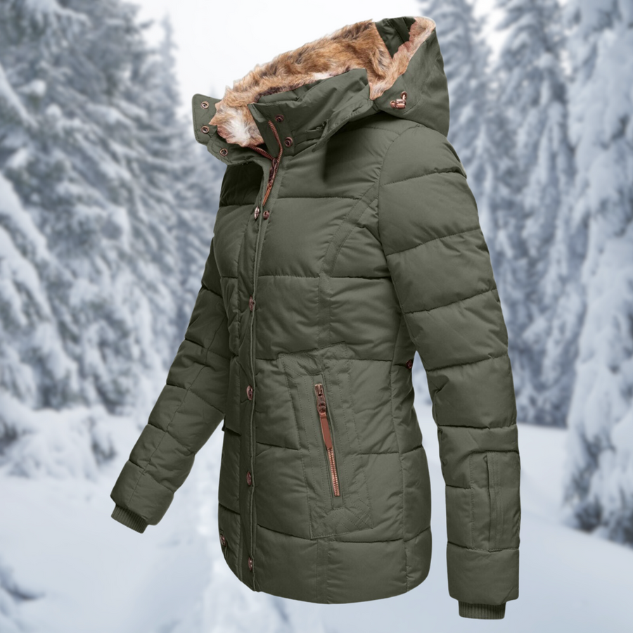 Damen Steppjacke mit Kapuze und Fellimitat-Futter in Grün