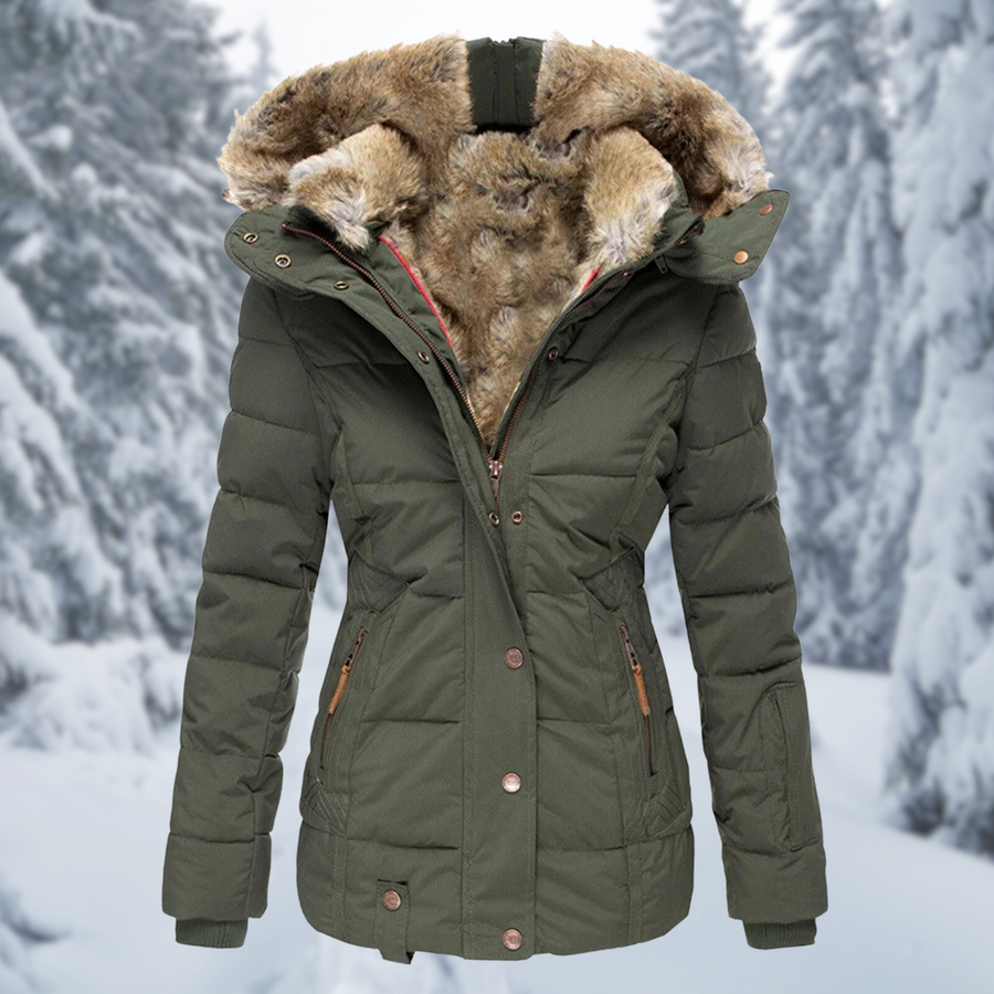 Damen Steppjacke mit Kapuze und Fellimitat-Futter in Grün