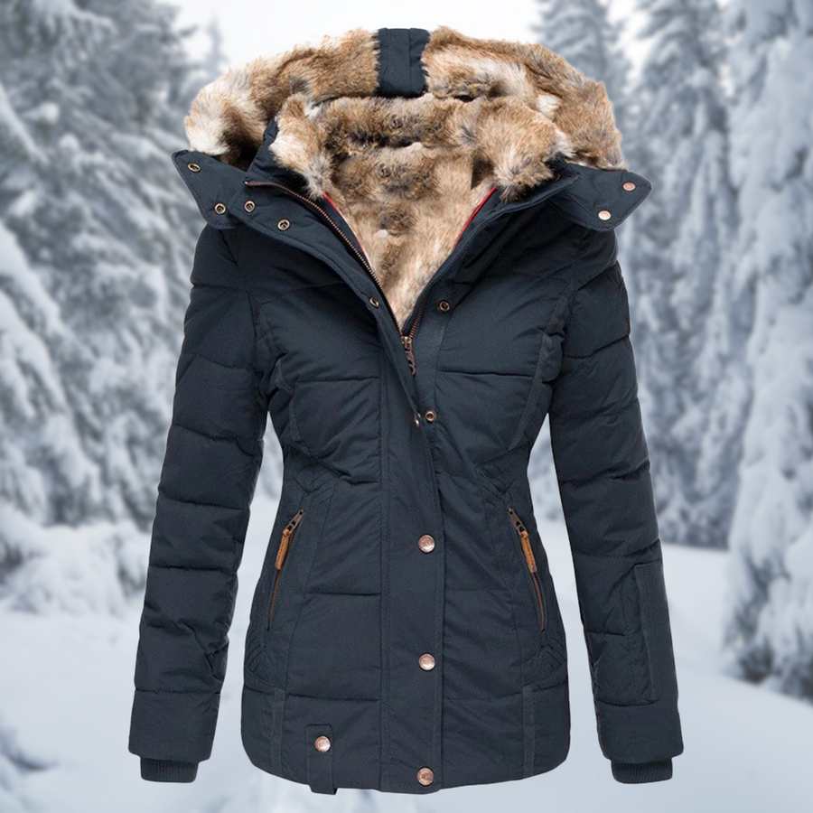 Damen Steppjacke mit Kapuze und Fellimitat-Futter in Grün