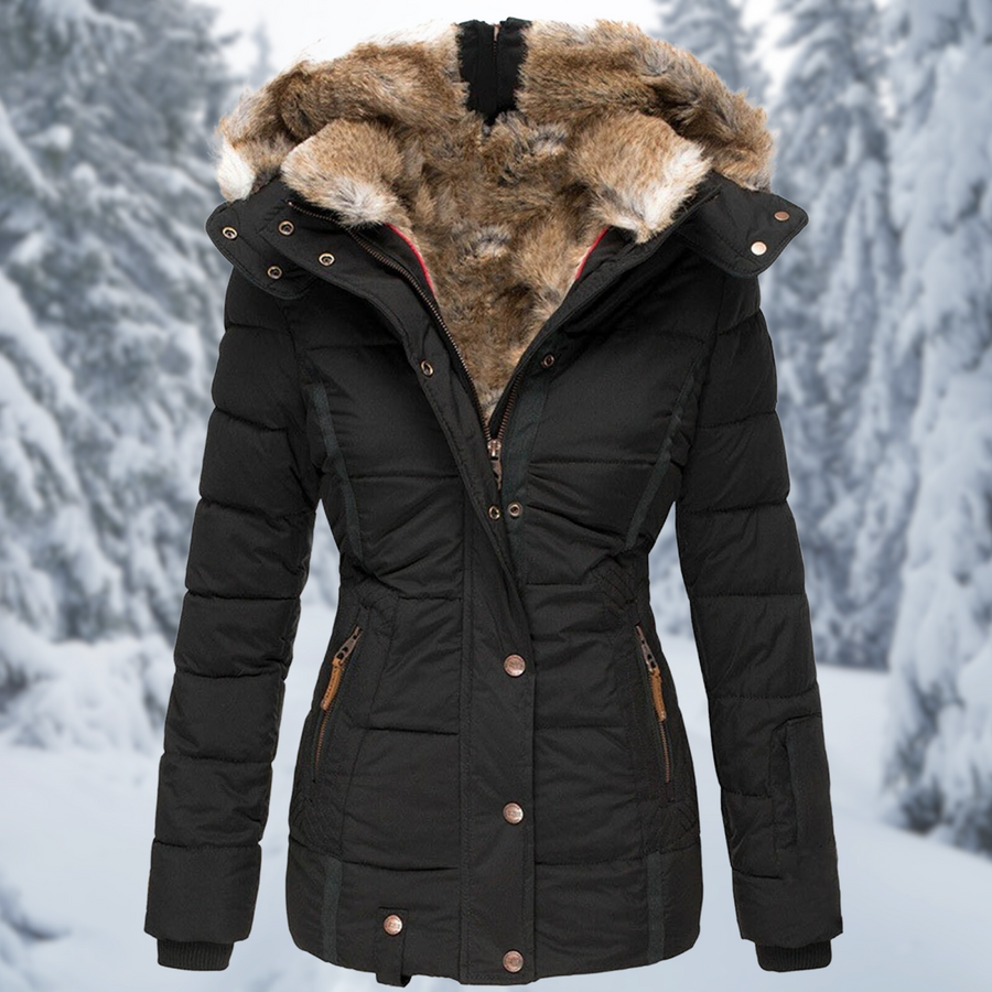 Damen Steppjacke mit Kapuze und Fellimitat-Futter in Grün